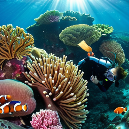 **Prompt 1: Vibrant Coral Reef Immersion in Mauritius**
    A lone diver gently floats amidst a dazzling, untouched coral reef in the crystal-clear waters of Mauritius. The reef is a kaleidoscope of colors, featuring soft corals swaying in the gentle current and intricate hard corals in shades of red, blue, green, and purple. Schools of vibrant tropical fish, including clownfish, parrotfish, and damselfish, swim freely and fearlessly around the diver. Sun rays pierce through the water's surface, creating dancing light beams that illuminate the scene. The atmosphere is serene and immersive, conveying a deep connection to the ocean. Photorealistic, high detail, wide-angle underwater photography.