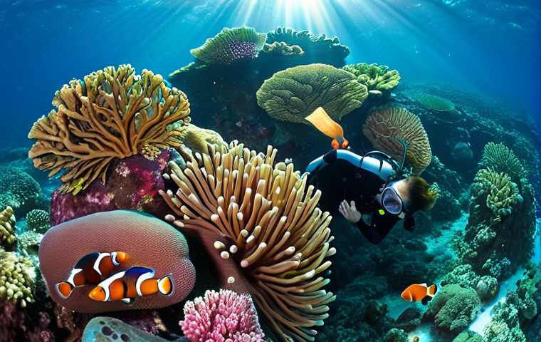 **Prompt 1: Vibrant Coral Reef Immersion in Mauritius**
A lone diver gently floats amidst a dazzling, untouched coral reef in the crystal-clear waters of Mauritius. The reef is a kaleidoscope of colors, featuring soft corals swaying in the gentle current and intricate hard corals in shades of red, blue, green, and purple. Schools of vibrant tropical fish, including clownfish, parrotfish, and damselfish, swim freely and fearlessly around the diver. Sun rays pierce through the water's surface, creating dancing light beams that illuminate the scene. The atmosphere is serene and immersive, conveying a deep connection to the ocean. Photorealistic, high detail, wide-angle underwater photography.