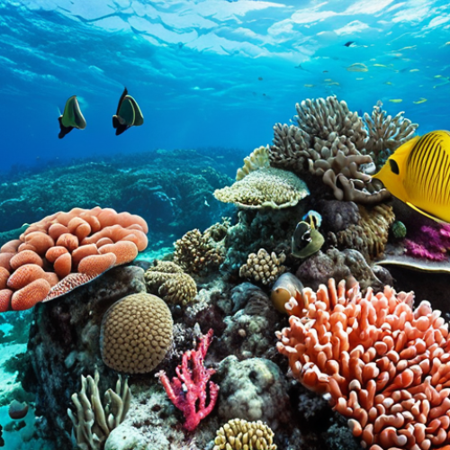 **Vibrant coral reef in Mauritius:** A breathtaking underwater scene featuring a diverse array of colorful corals, schools of tropical fish, and clear turquoise water. Focus on the beauty and biodiversity of the reef.