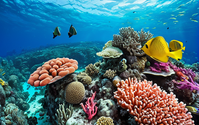 **Vibrant coral reef in Mauritius:** A breathtaking underwater scene featuring a diverse array of colorful corals, schools of tropical fish, and clear turquoise water. Focus on the beauty and biodiversity of the reef.